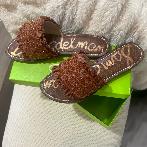 Sam Edelman Gladys, Cuoio Raffia Slides Golden Brown and Black - Picture 2 of 5